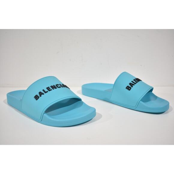 Balenciaga Turquoise Blue Rubber Black Logo Slide Pool Sandal Flip Flop 43 10 - Picture 4 of 12